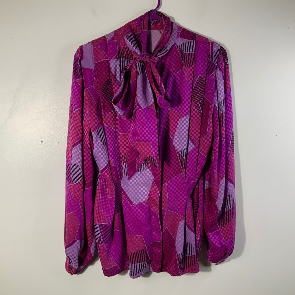 Vintage Silk Dragon Geometric Print Neck Bow Silk Blouse Long Sleeve 8